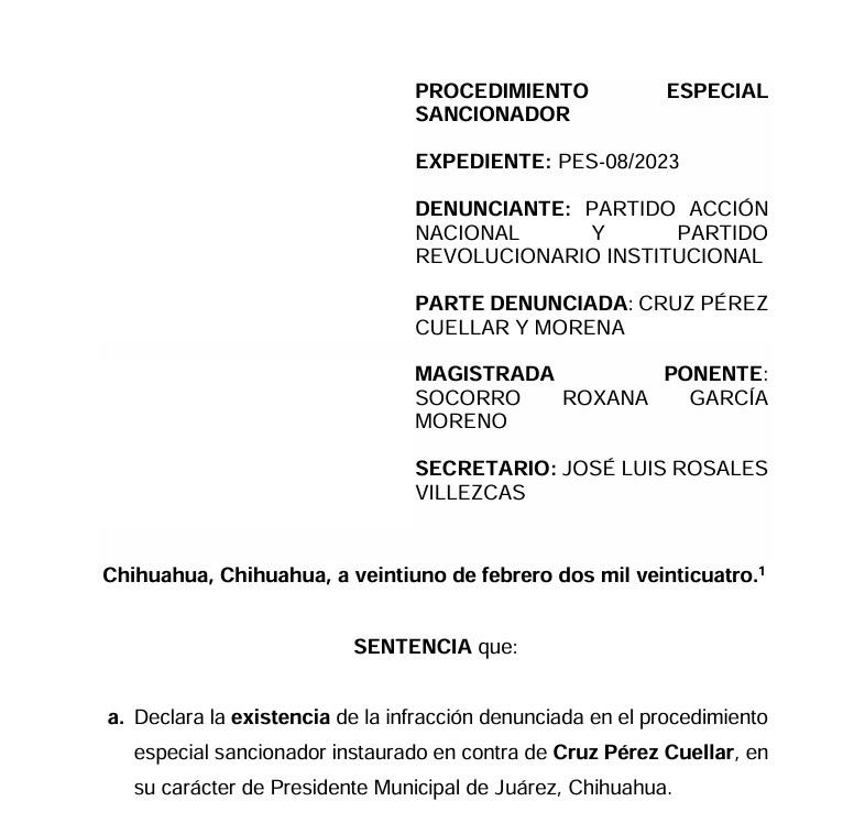 Tribunal Estatal Electoral emite nueva sentencia contra Pérez Cuéllar