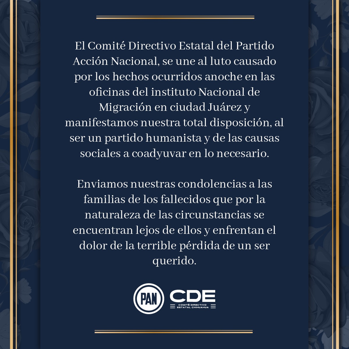 CDE lamenta profundamente hechos en oficinas del INM en Juárez